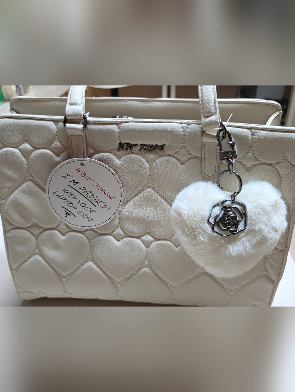 Betsey Johnson Cream Quilted Heart Tote NWT